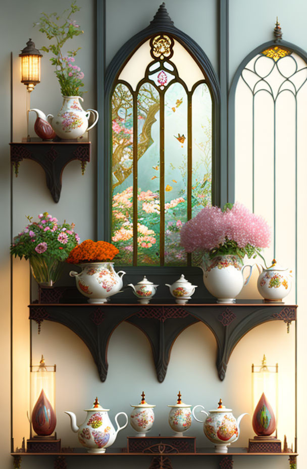 Gothic-style arched window and floral-patterned wall in elegant interior.