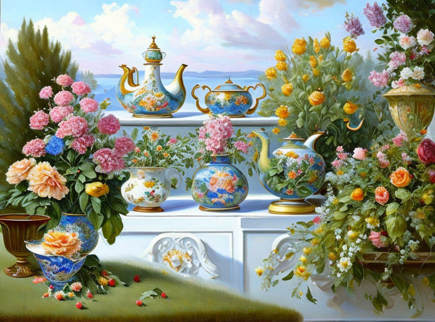 Colorful Still Life Painting with Teapot, Cups, Vases, and Floral Bouquets