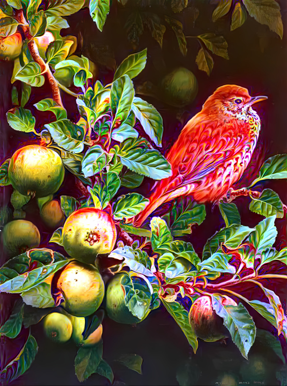 A bird on an apple tree branch.