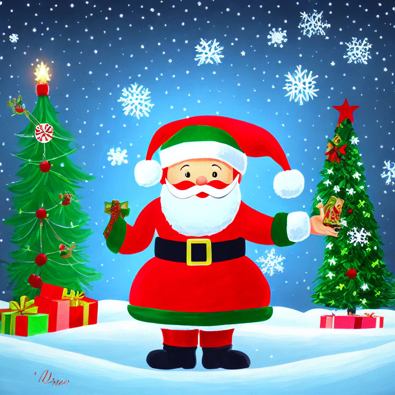 Santa Claus with bell and candy cane in snowy scene with Christmas tree and gifts.