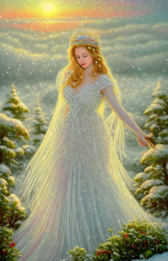 Woman in Sparkling Gown and Tiara in Snowy Landscape