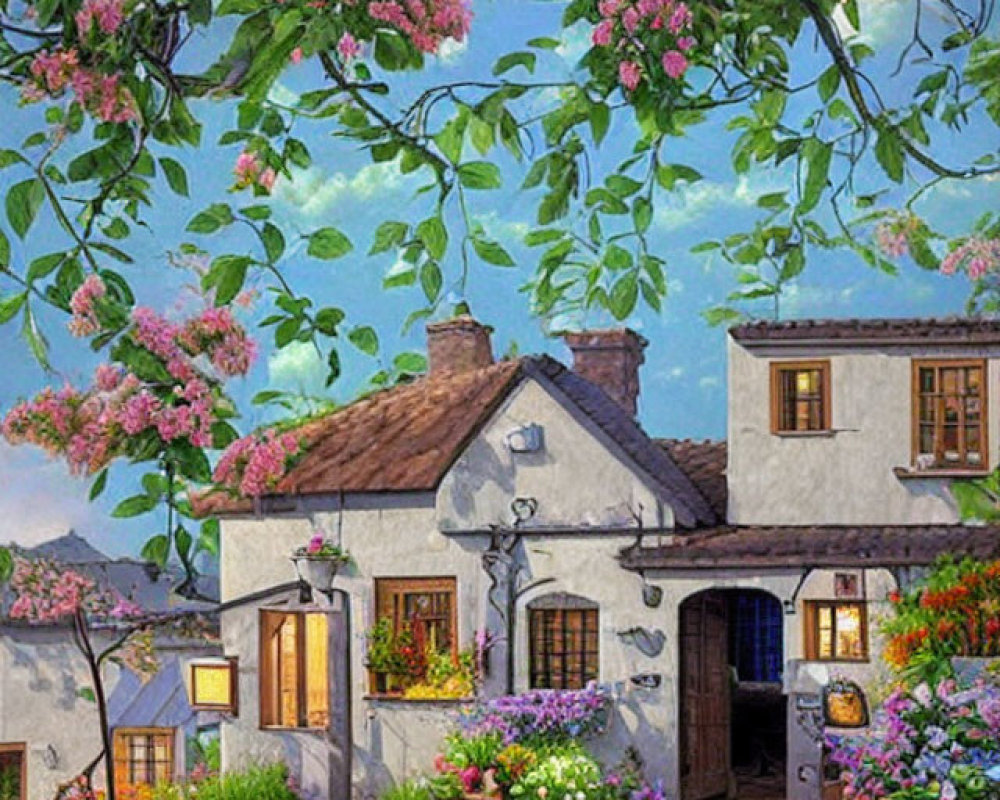 Cozy cottage surrounded by blooming flowers and vines under clear blue sky