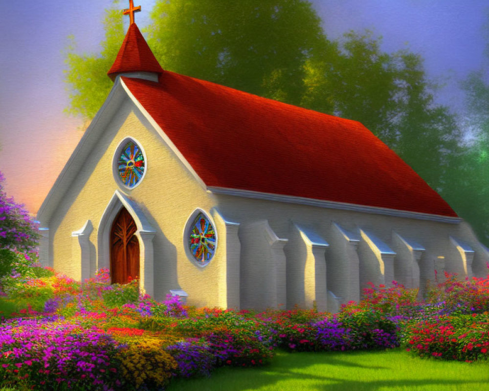 Quaint church with red roof and stained glass windows surrounded by colorful flowerbeds