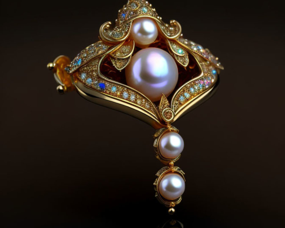 Golden pendant with pearls and gemstones on dark reflective surface