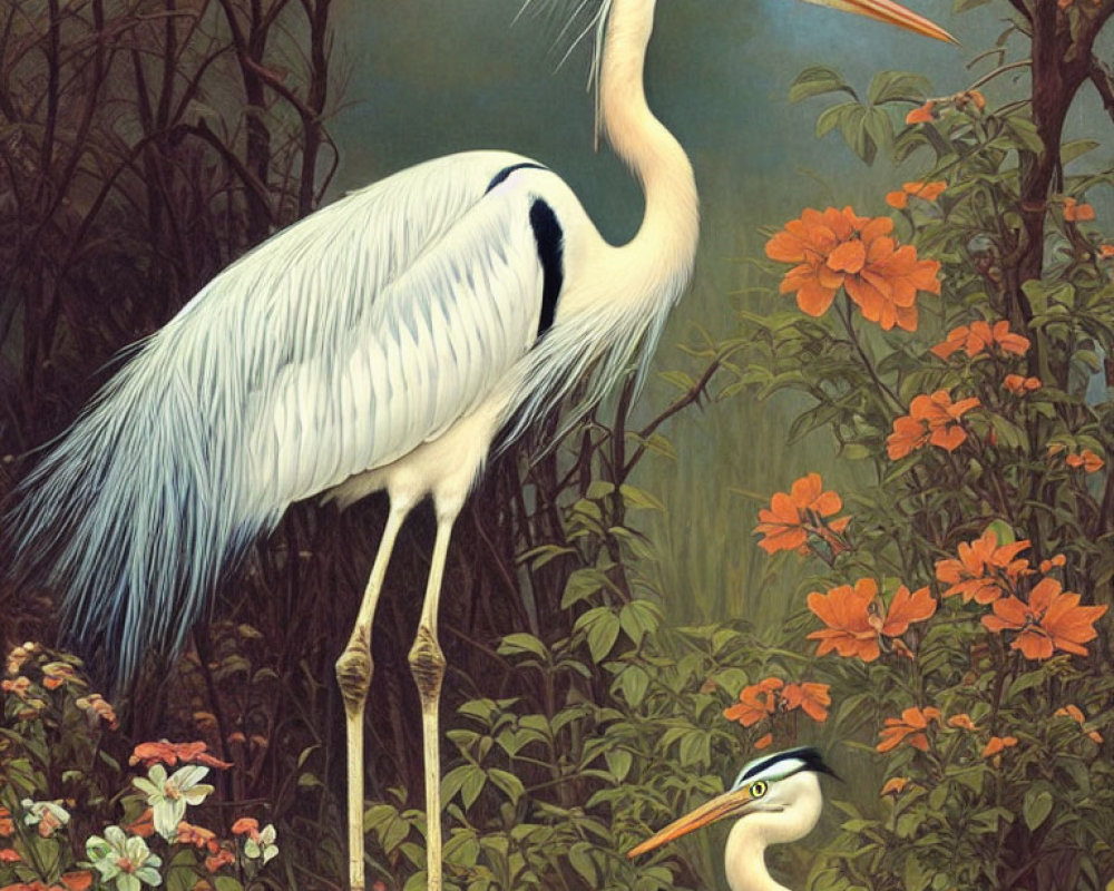 Two great herons in lush greenery with orange flowers