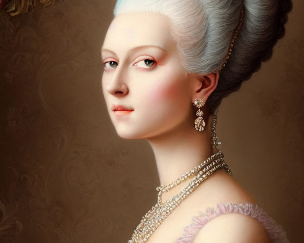 Elaborate powdered wig portrait of a woman with pink roses, pearl jewelry