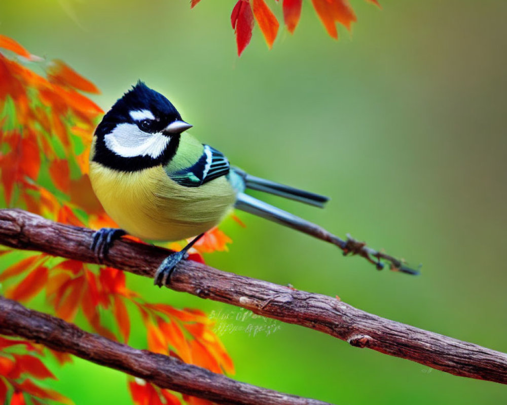 Colorful Great Tit on Twisted Branch with Autumn Leaves Background