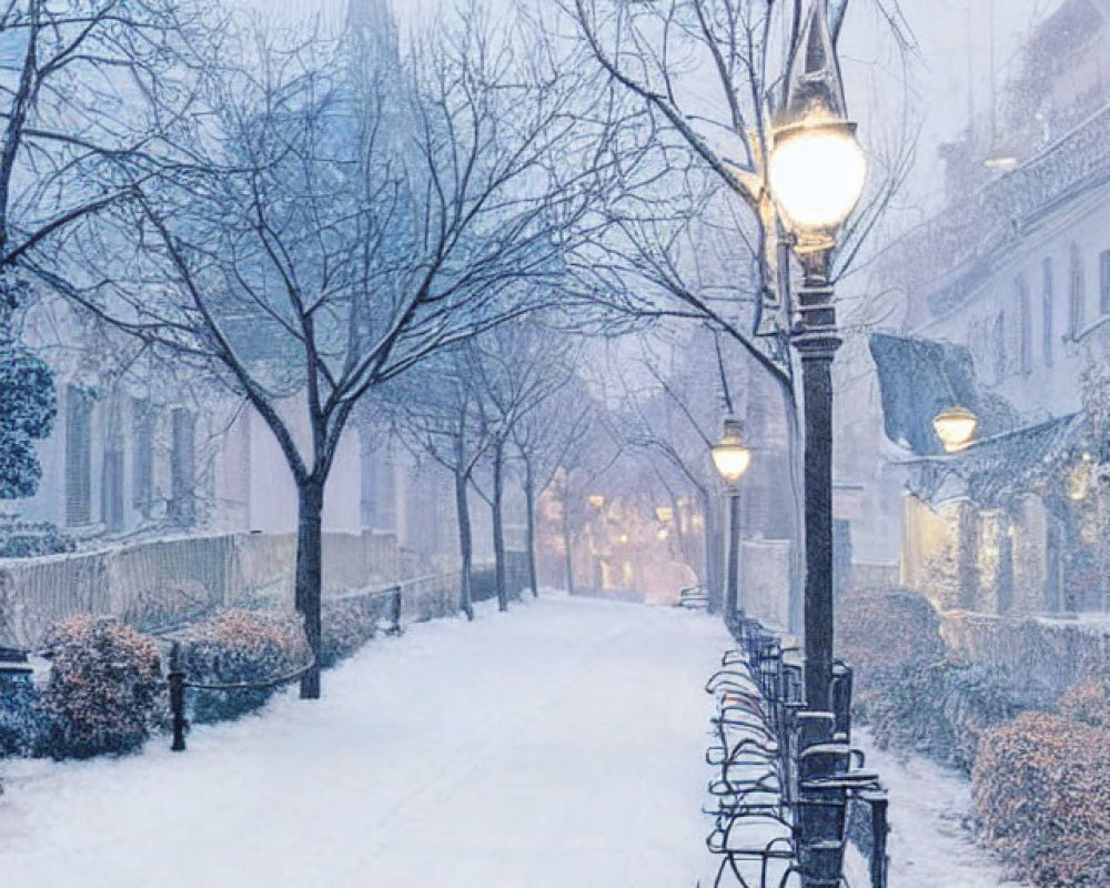 Snowy Street Scene with Lit Lamps, Bare Trees, and Benches on Foggy Evening