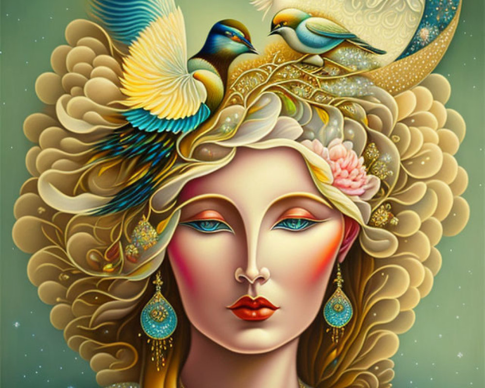 Illustration of woman with golden hair, birds, flowers, crescent moon - serene, mythological