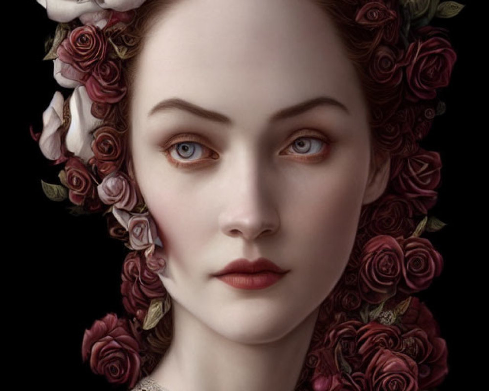 Portrait of Woman with Pale Skin, Red Lips, Dark Hair, Crown of Red and White Roses,
