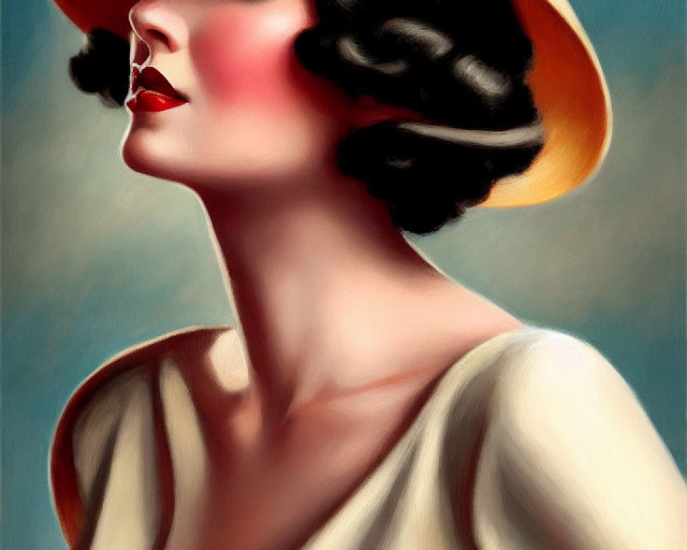 Vintage portrait of a woman in wide-brimmed hat, wavy hair, deep-cut blouse