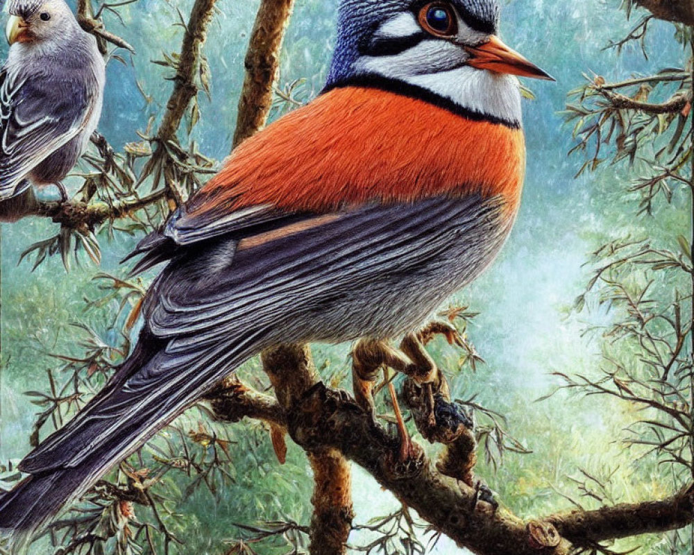Vibrant birds with orange, white, and gray plumage on mossy branch
