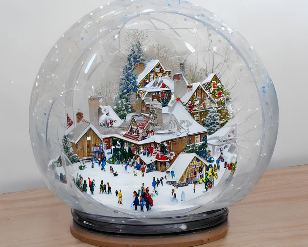 Christmas snow globe with festive houses, trees, and figurines on wooden surface