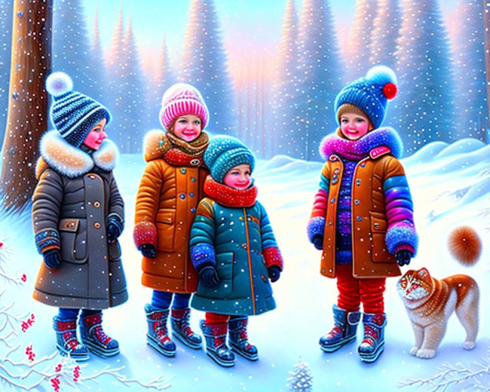 Four animated children in colorful winter clothes with a friendly orange cat in a snowy landscape