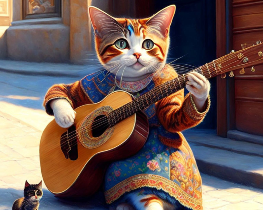Colorfully dressed anthropomorphic cat plays guitar on sunny street with attentive kitten.