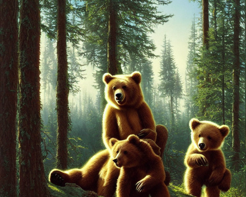 Four Bears in Sunlit Forest with Tall Trees