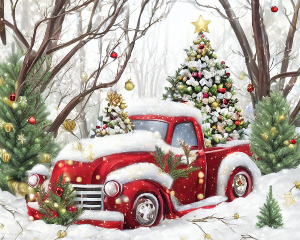 Vintage Red Pickup Truck with Christmas Tree in Snowy Forest