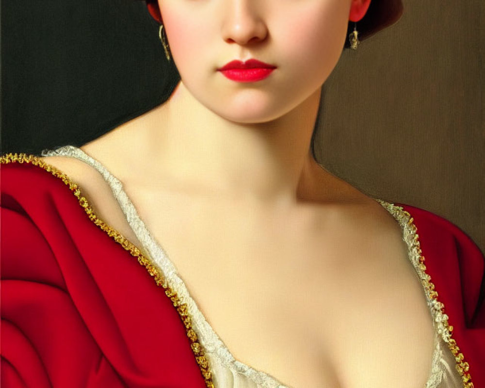 Portrait of Young Woman with Auburn Hair in Gold-Accented Red Dress