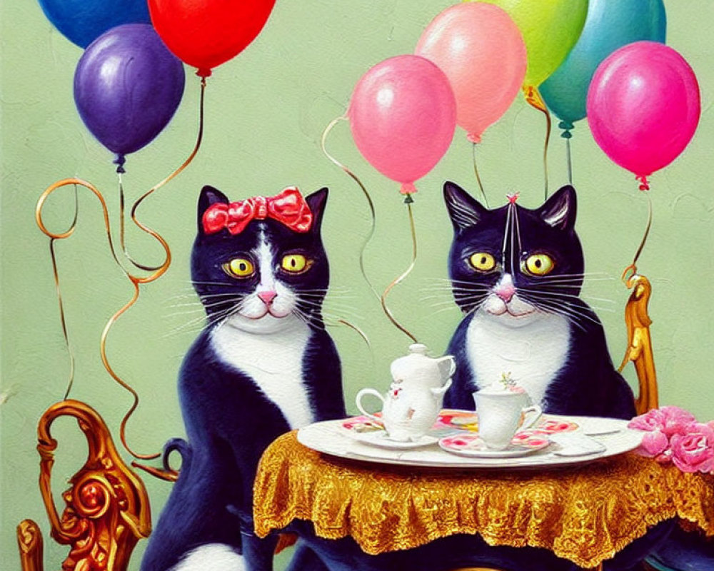 Anthropomorphic Cats Tea Party with Colorful Balloons on Green Background