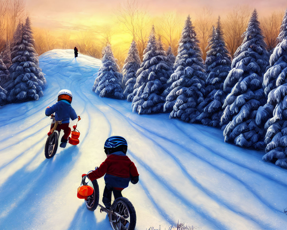 Children biking in snowy winter forest with sun rays and figure walking