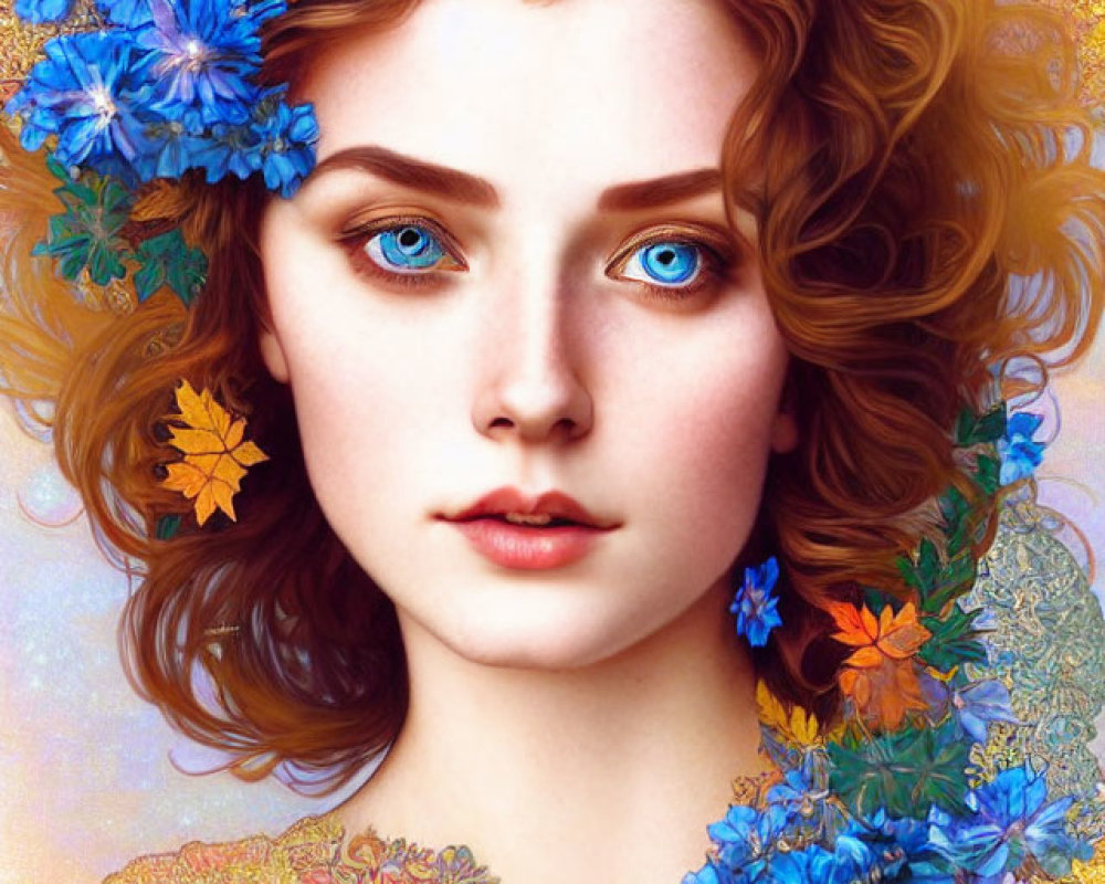 Young woman with blue eyes and auburn hair wearing a floral crown