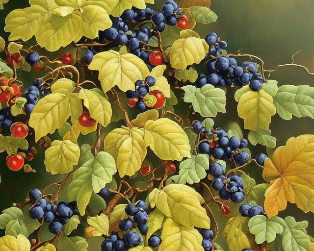 Vibrant painting of green foliage with red and blue berries