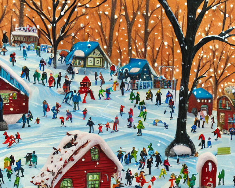 Winter ice-skating scene on frozen pond with snow-covered trees and colorful houses