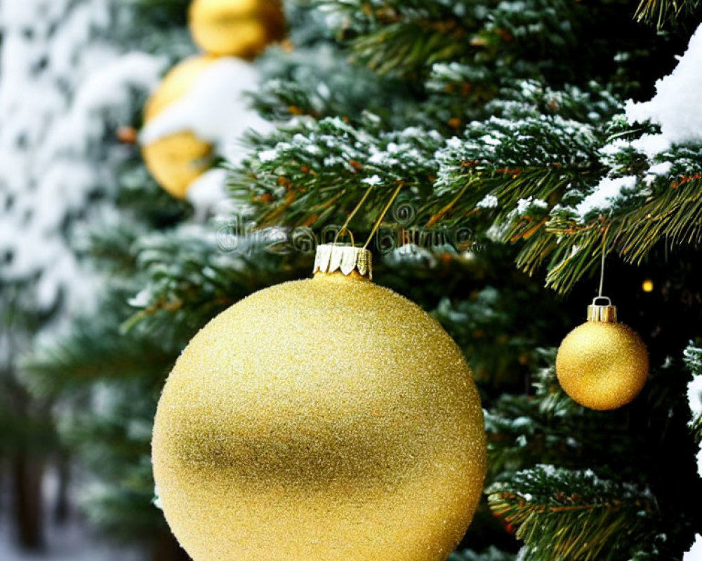Festive Christmas tree with golden baubles and snow