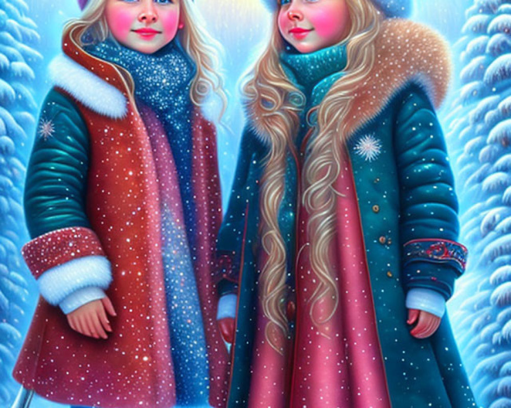 Two Young Girls in Winter Clothing in Snowy Enchanted Forest
