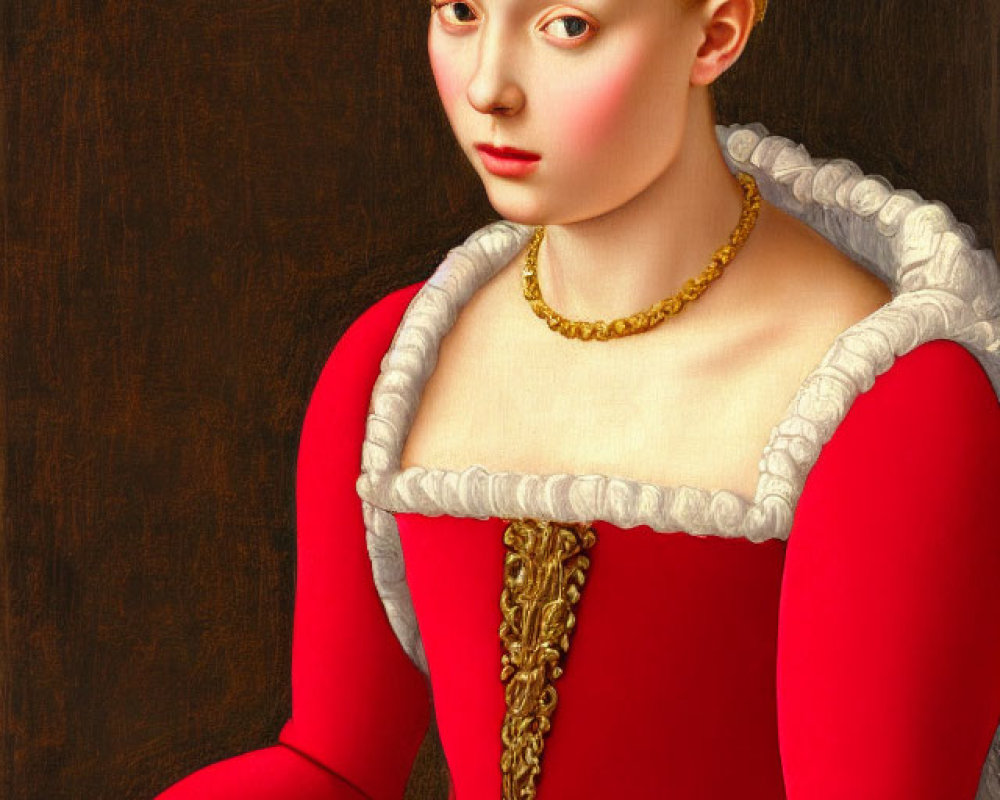 Young woman in red dress with lace collar, gold necklace, and headdress.