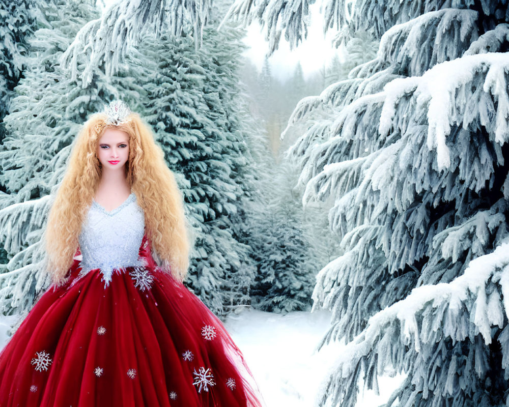 Blonde woman in red gown among snow-covered trees - winter fairy-tale scene