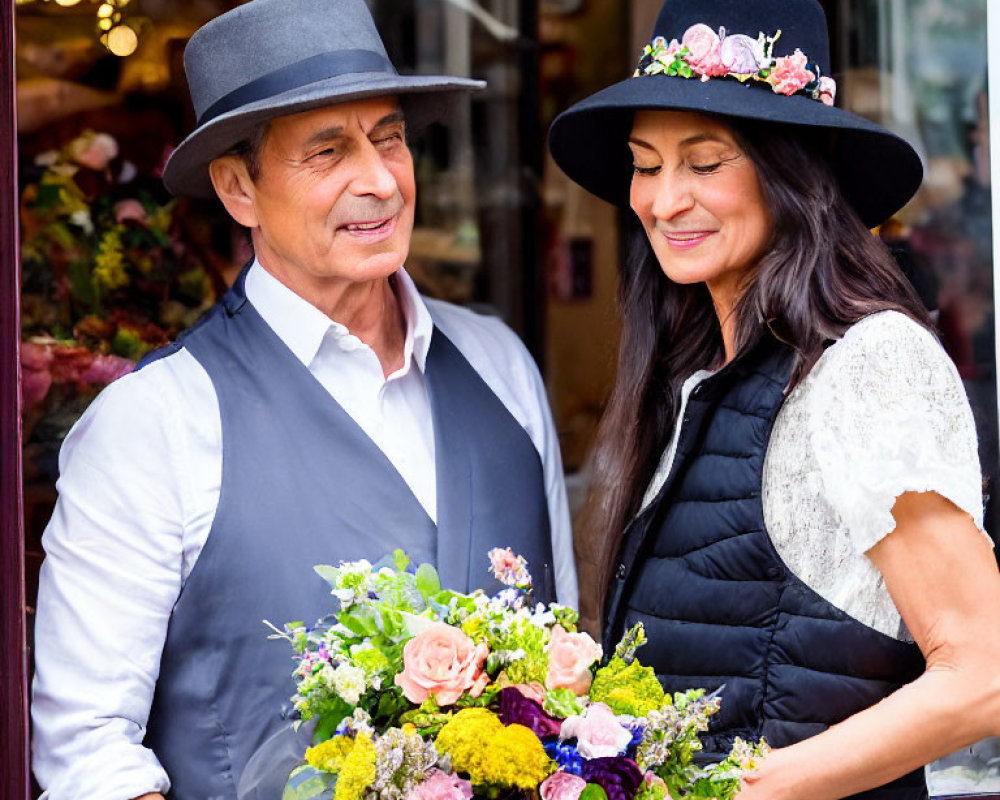 Stylish couple with bouquet in front of flower shop