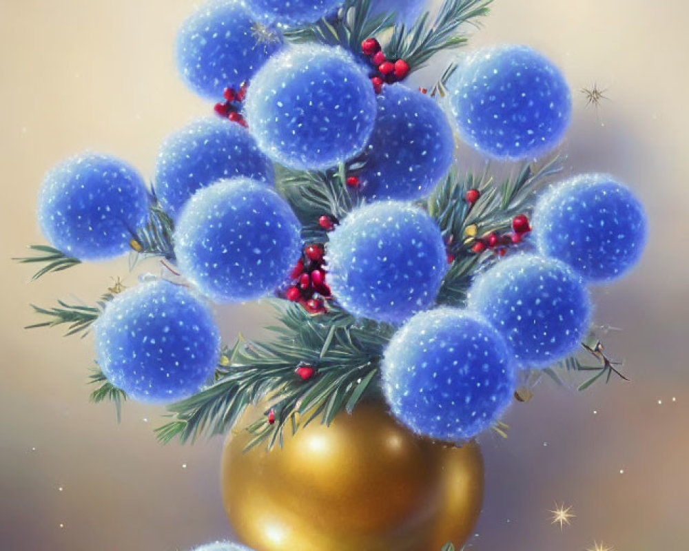 Festive Christmas tree illustration with blue baubles and red berries