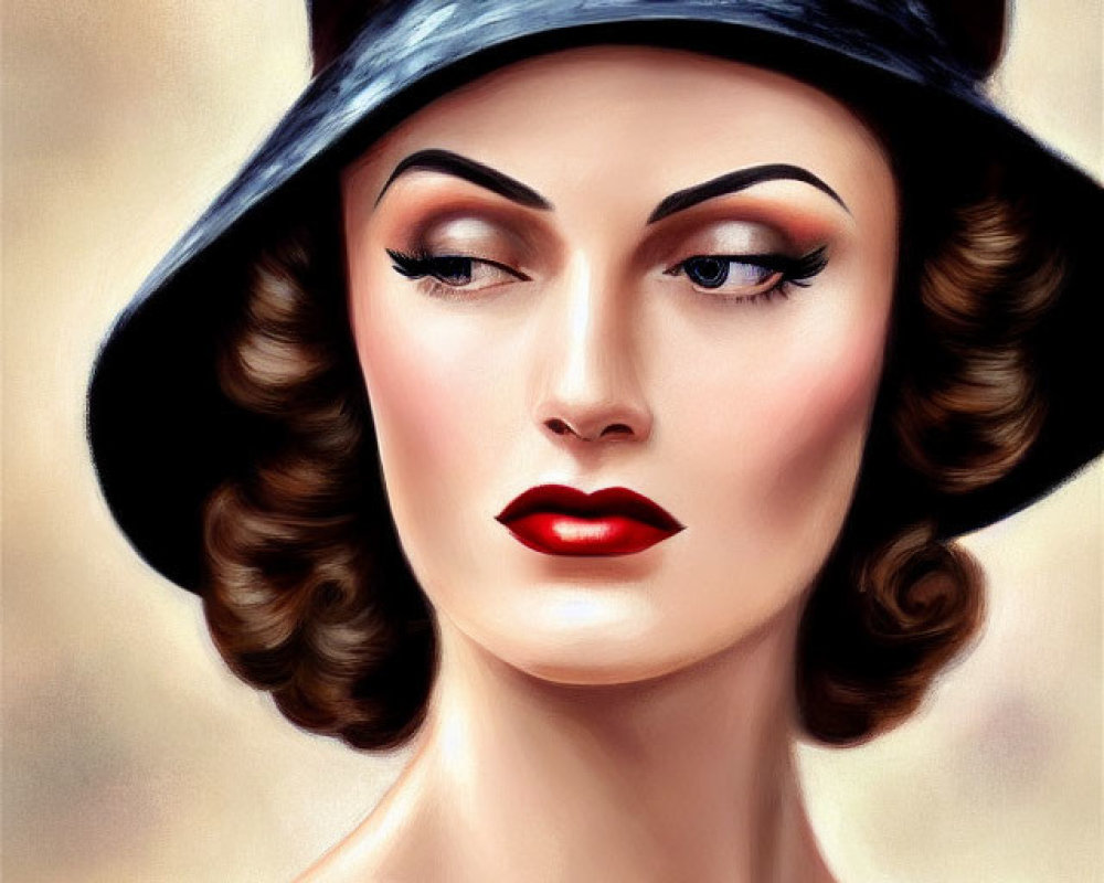 Vintage-Style Woman Portrait with Decorated Hat and Bold Red Lipstick