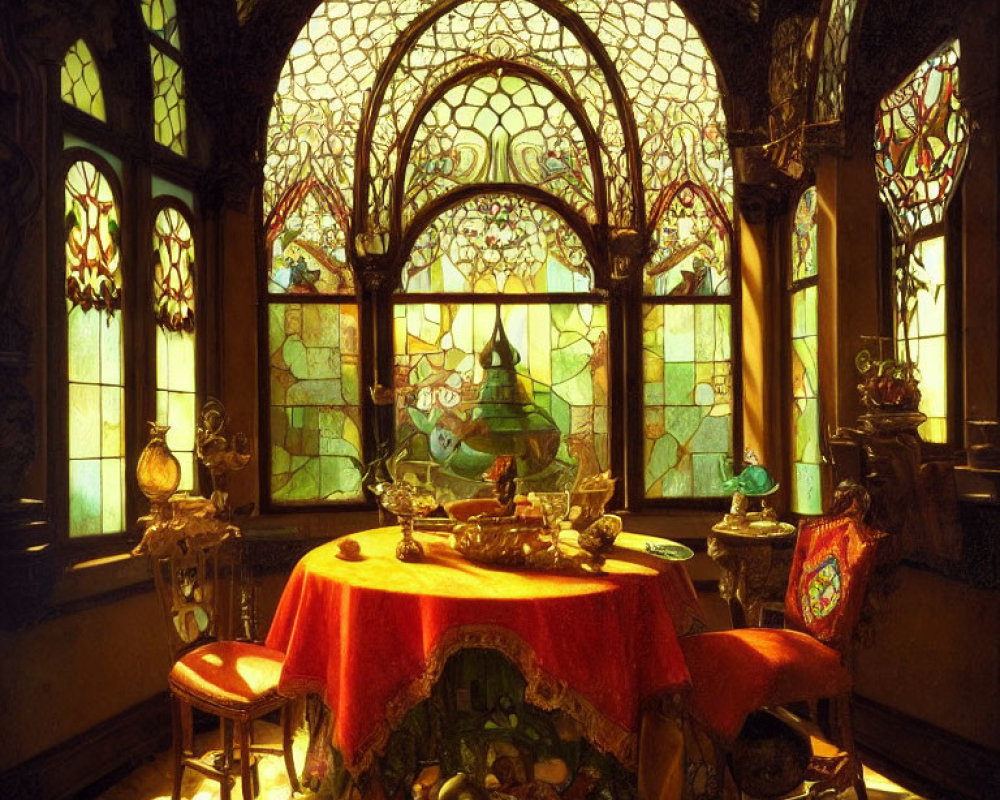 Luxurious Room with Stained Glass Windows and Lavish Tea Service