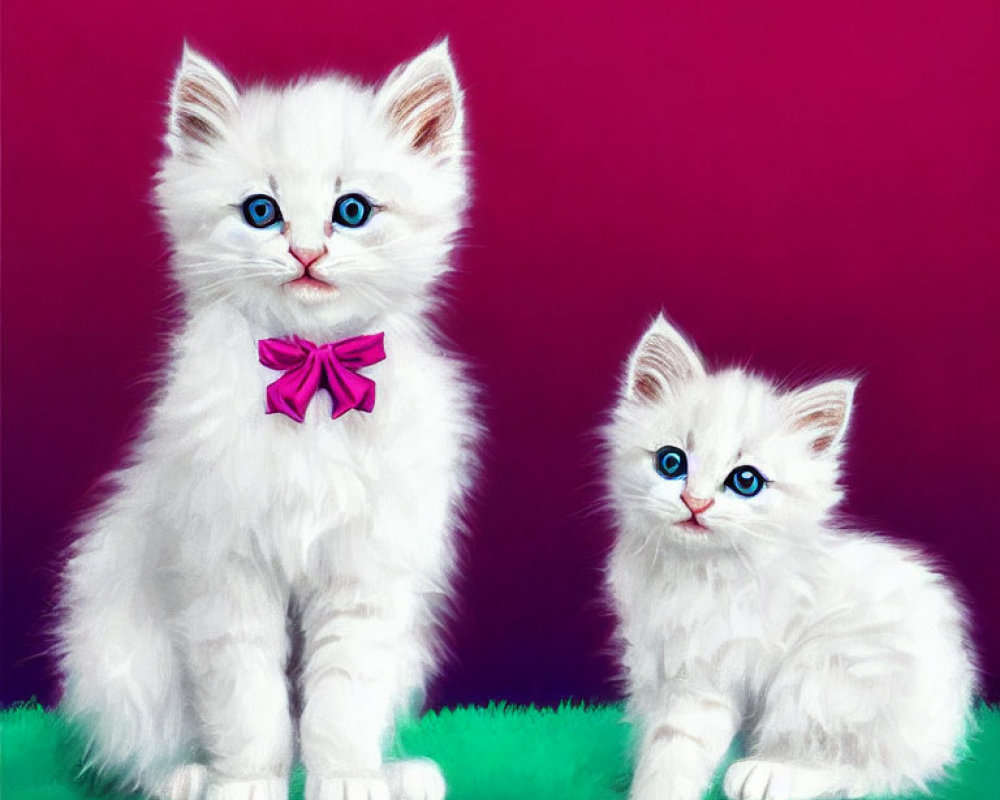 Fluffy white kittens with blue eyes and pink bow tie on pink background