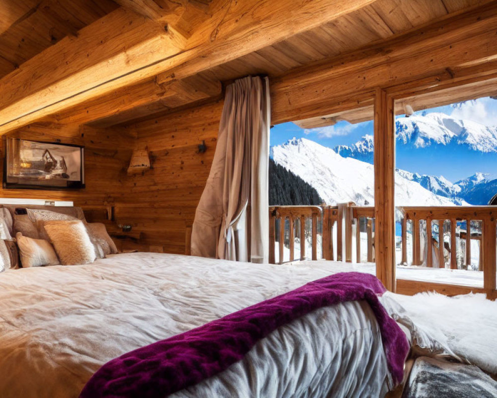 Rustic wooden chalet bedroom with plush bed and mountain view