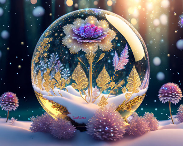 Pink Flower in Transparent Sphere Surrounded by Golden Plants on Snowy Ground at Twilight
