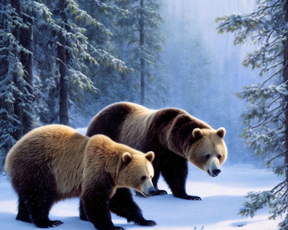 Brown bears in snow-covered forest with falling snowflakes