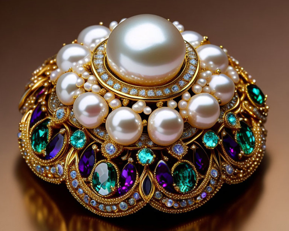 Intricate brooch with central pearl, gemstones, and gold filigree
