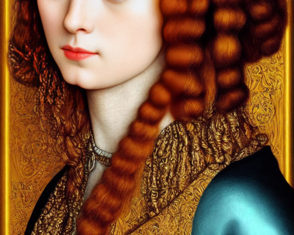 Elaborate Renaissance woman portrait with gold headdress and teal dress