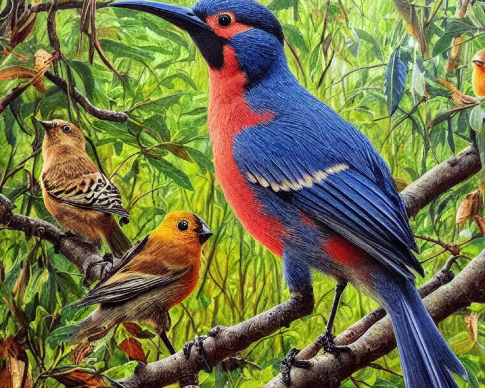 Colorful bird painting on branch with green foliage and smaller birds