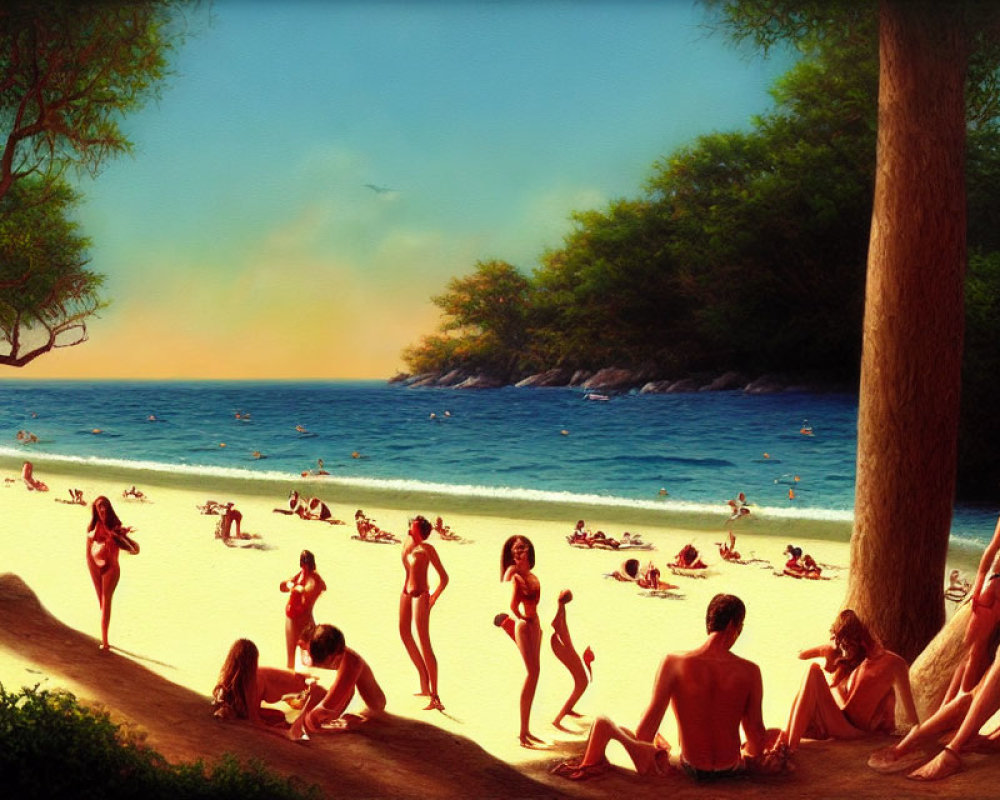 Beach scene with people sunbathing under golden sunset