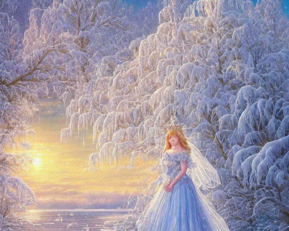 Woman in Sparkling Blue Gown in Snowy Forest with Tiara