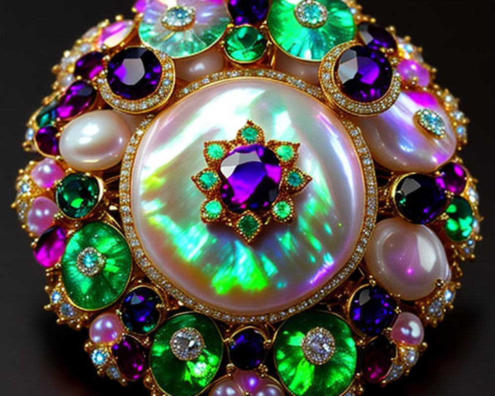 Iridescent Pearl Brooch with Gemstones and Gold Accents