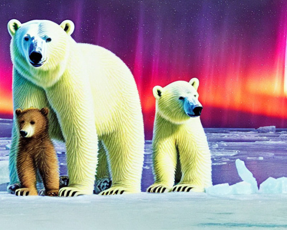 Polar bears and cub on ice floe under colorful aurora borealis