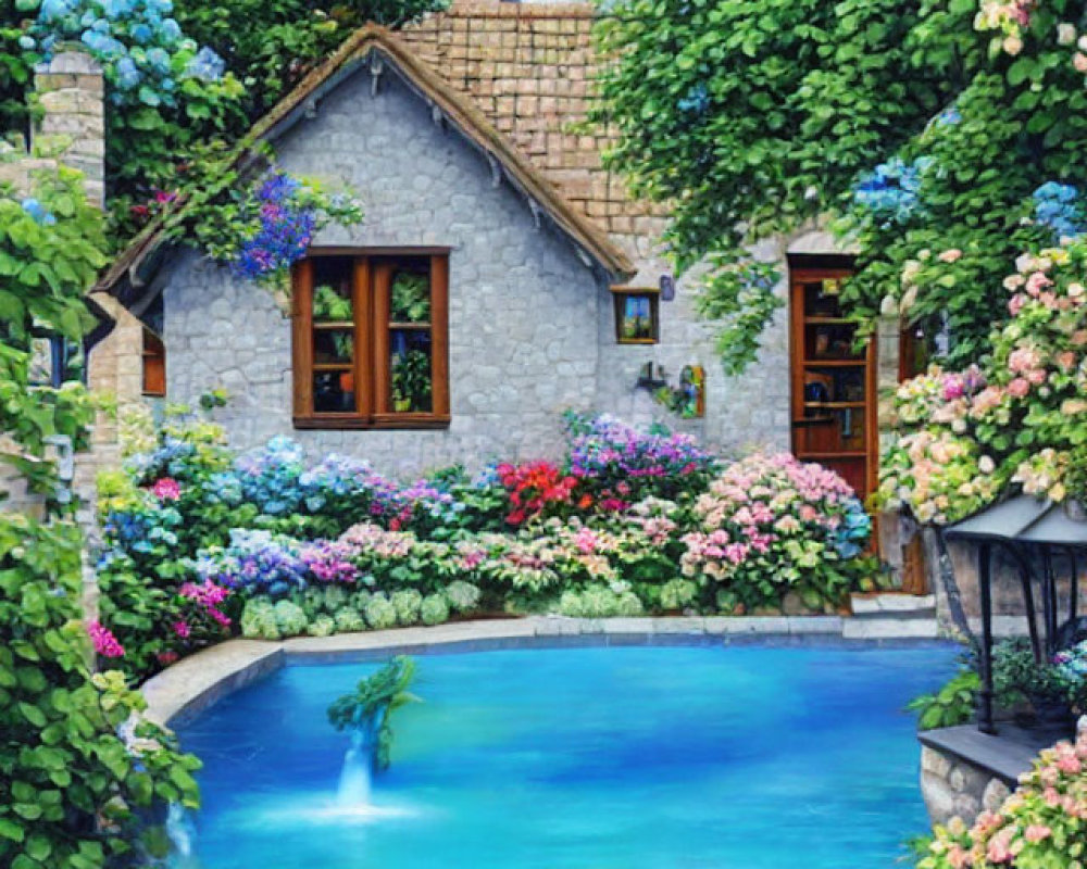 Charming stone cottage with blue accents, nestled by a tranquil pond