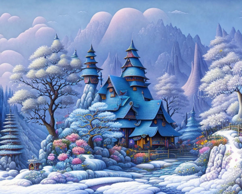Winter landscape with blue castle, snow-covered trees, colorful flora, pink clouds.