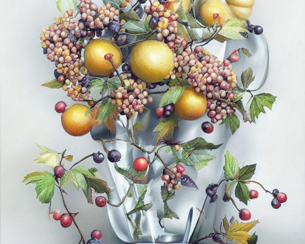 Vibrant fruits and berries in transparent vase with yellow squash and grapes