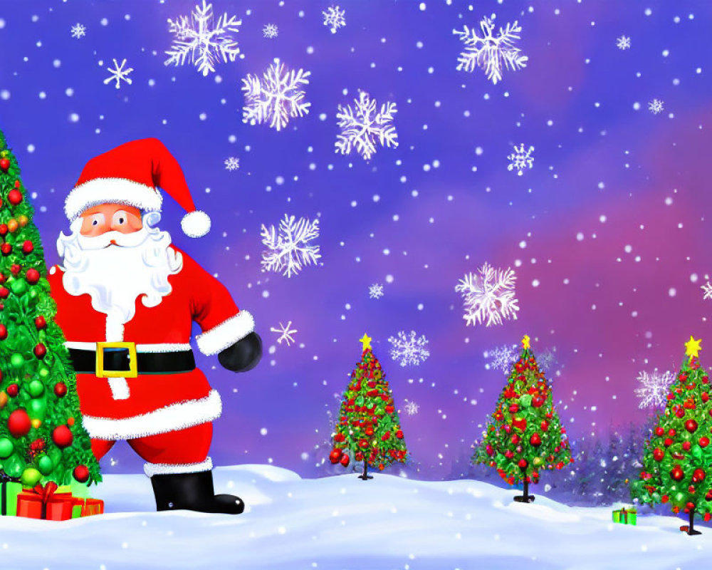 Colorful Santa Claus with sack by Christmas tree in snowy scene